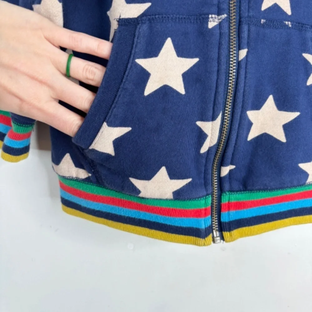 Mini Boden Sherpa Lined Star Hoodie 5-6Y Rainbow Trim Unisex Navy Preppy School